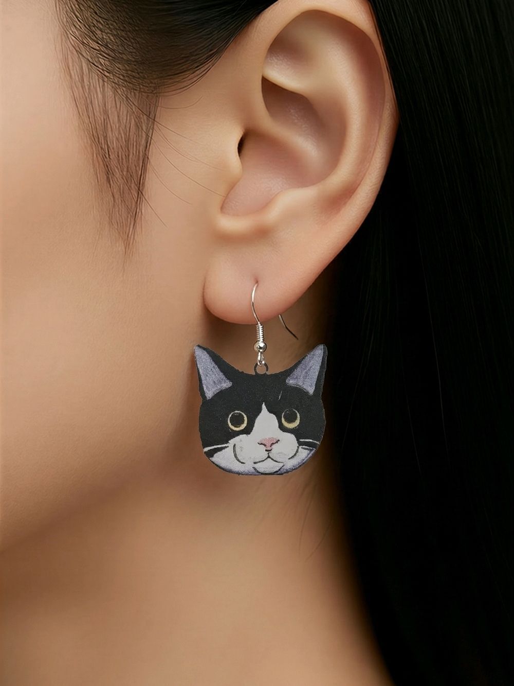 Black Tuxedo Cat Earrings Gothic Kitty Dangle Cute Acrylic Statement Pet Owner